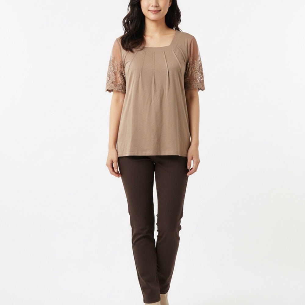 Brown Lace Sleeve Top and Pants Set
